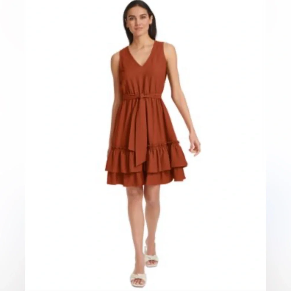 calvin klein burnt orange dress Calvin Klein Dress Flutter Sleeve Burnt Tie Back, Pockets Burnt Orange Size  10